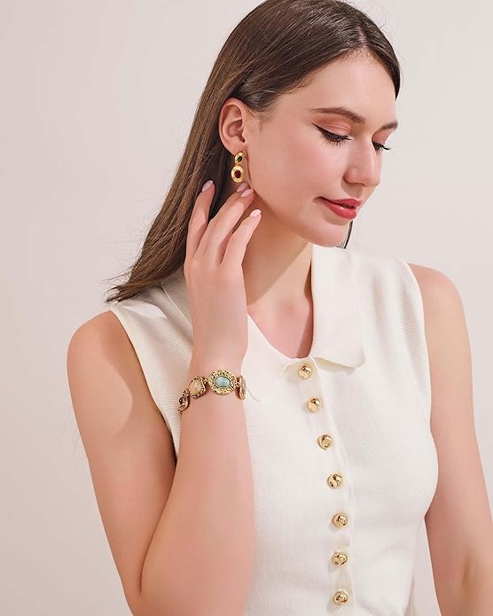 Vintage Geometric Stone Charm Bracelets for Women Trendy Chunky Gold Chain Link Bracelet Boho Statement Bangle Bracelets Jewelry