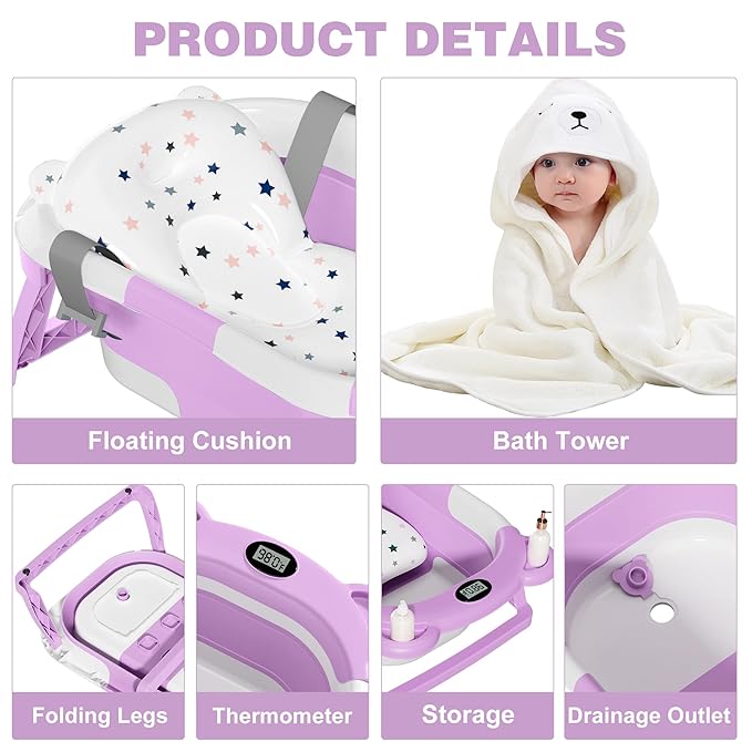 MoreFeel Collapsible Baby Bathtub for Newborn with Thermometer & 1 Hooded Towel & 1 Soft Floating Cushion,Portable Travel Bathtub with Drain Hole, Durable Foldable Baby Tubs for Infants to Toddler-CubbioBaby