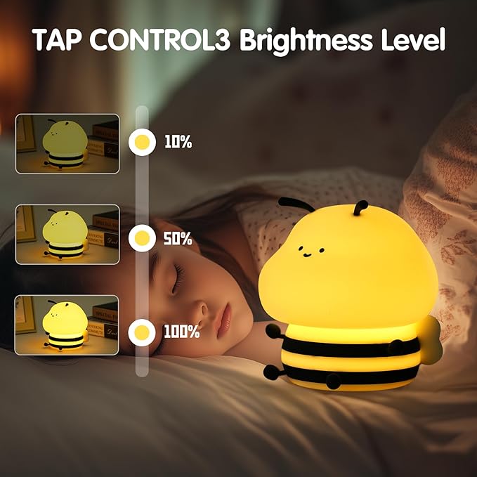 Bee Night Light for Kids,Cute Squishy Silicone Nursery Night Lamp Kawaii Animal Bedside Nightlight with 7 Colors 3 Levels Dimmable Tap Control Rechargeable Nightlights for Kids, Room Decor-CubbioBaby