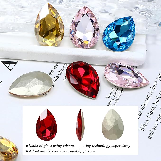 8Pcs Teardrop Crystal Pointback Rhinestones,30 * 20mm Large Glass Rhinestones Gem Stones for Crafts Dress Shoes Jewelry Making，Pink