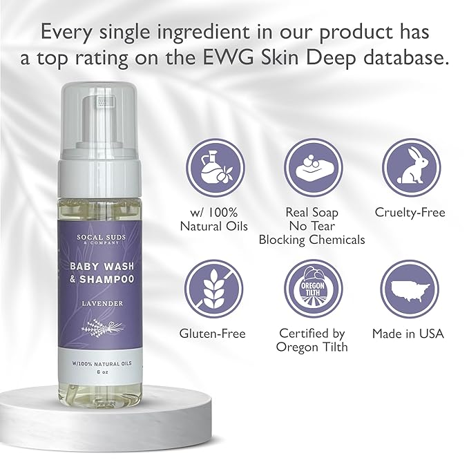 SoCal Suds & Company - Organic Foaming Baby Wash & Shampoo - Gentle Cleansing Newborn Body & Hair Soap for Sensitive Skin - Clean Natural Soothing Ingredients - Lavender, 6oz, 2-Pack-CubbioBaby