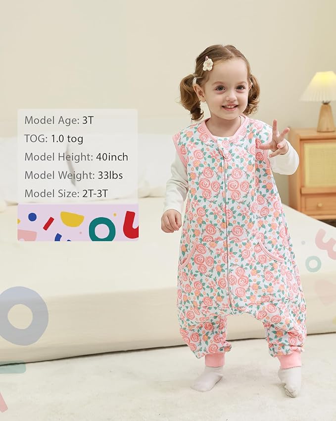 HOMEAL 1.0Tog Toddler Sleep Sacks 2T-3T,Toddler Sleeping Sack with Legs, Sleep Sacks, Baby Wearable Blanket, Pink Rose-CubbioBaby