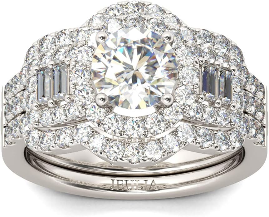 Jeulia 2 Carat Engagement Halo Rings for Women Sterling Silver Round Cut Bridal Set Cubic Zirconia Wedding Diamond Band Rings Promise Anniversary Rings for Her
