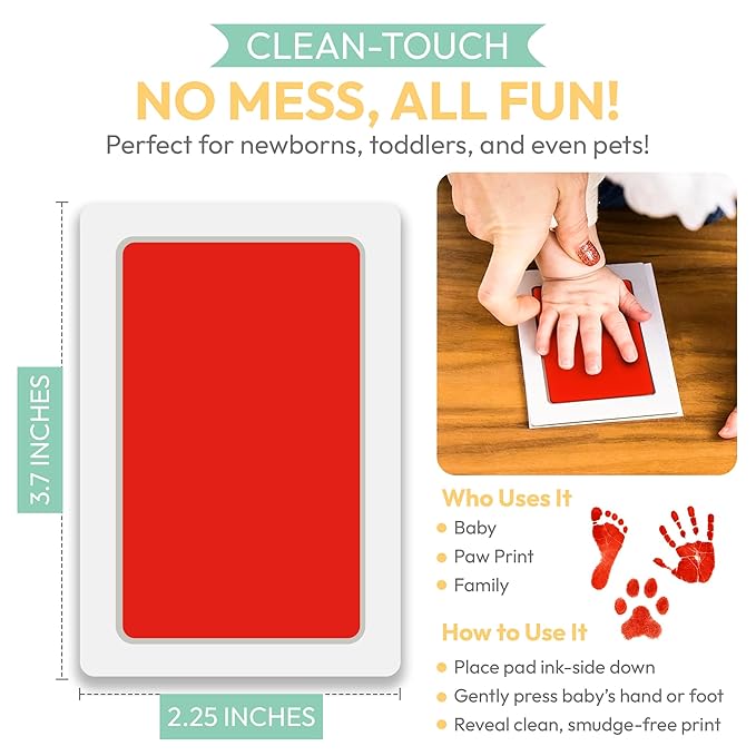 Clean Touch Ink Pad for Baby Handprints and Footprints – Inkless Infant Hand & Foot Stamp – Safe for Babies, Doesn’t Touch Skin – Perfect Family Memory or Gift – Red Print Kit by Tiny Gifts-CubbioBaby