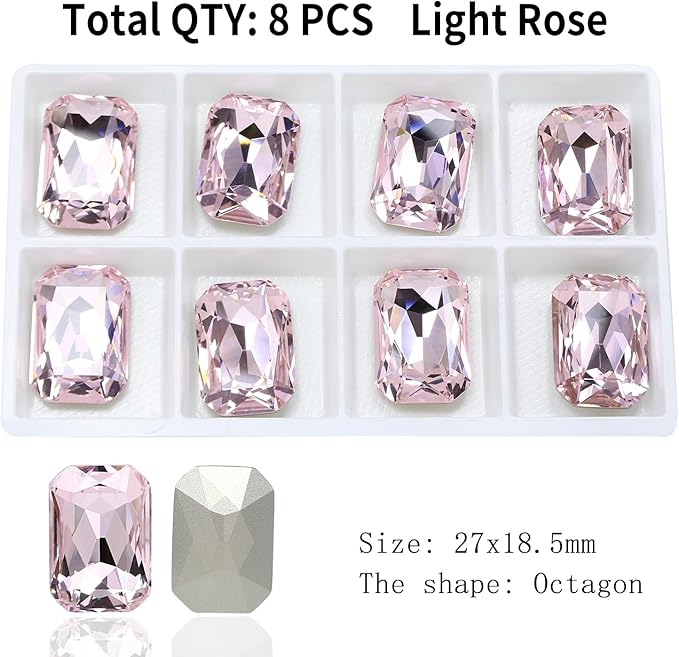 8Pcs Octagon Crystal Pointback Rhinestones,27 * 18.5mm Large Glass Rhinestones Gem Stones for Crafts Dress Shoes Jewelry Making，Pink