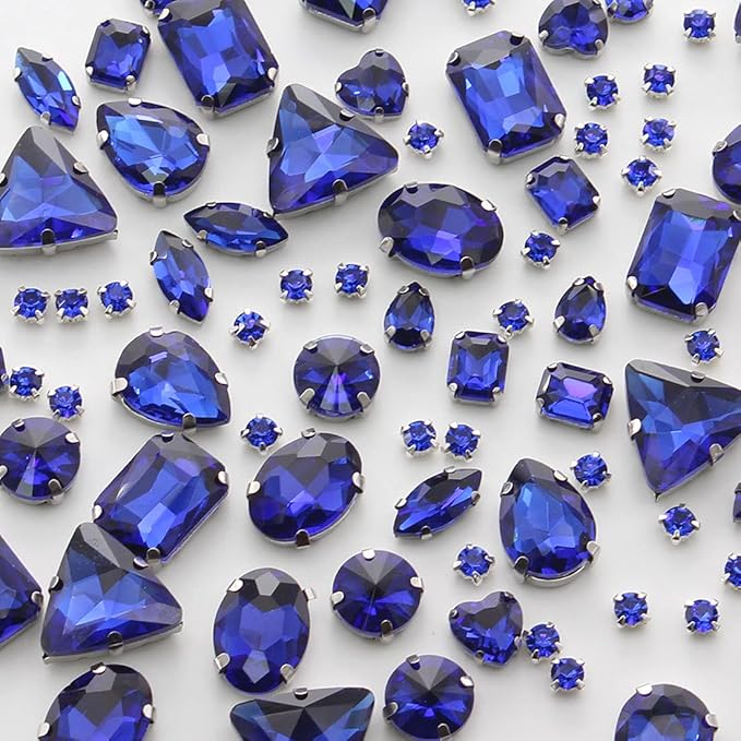 TANOSII Sew on Rhinestones 100 PCS Mixed Shapes Glass Rhinestones Sew on Crystal Gems Mental Flatback with Silver Claw for Jewelry Crafts Clothes Shoes Costume Garment Sapphire Blue