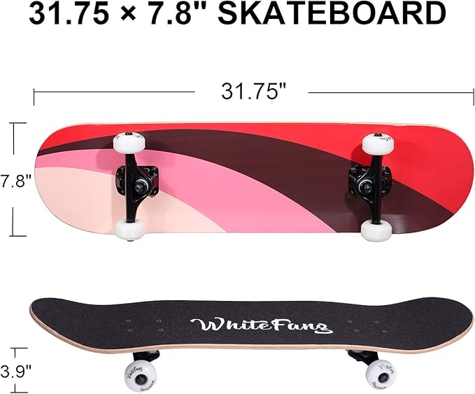 WhiteFang Skateboards for Beginners, Complete Skateboard 31 x 7.88, 7 Layer Canadian Maple Double Kick Concave Standard and Tricks Skateboards for Kids and Beginners-CubbioBaby