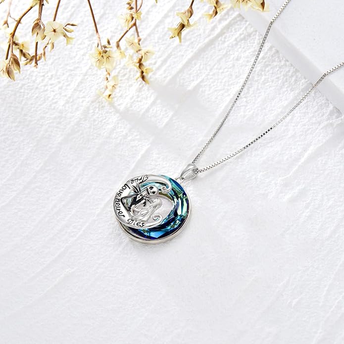 LILALO Nightmare Necklace Sterling Silver Abalone Shell Crystal Jack and Sally Necklace Jack Skellington Skull Jewelry Skull Necklaces for Women
