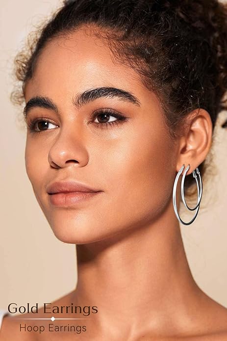 4/6 Pairs Gold Silver Hoop Earrings for Women 14K Gold Plated Hypoallergenic 2mm Thin Hoops Stainless Steel Lightweight Dangle Set 30/40/50/60mm