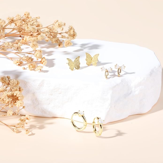 3 Pairs Gold Plated Hoop Earrings Set for Wonmen Trendy,With Butterfly & Bow Design,Jewelry Gift for Everyday, Party, Work