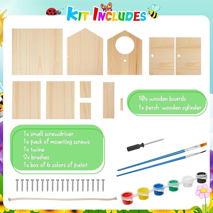 Liliful Wooden Birdhouse Kit DIY Bird House with Paint and Paintbrushes Art and Crafts Painting Kits for Boys Girls Adults Build Paint Classroom Birthday Indoor Outdoor Craft