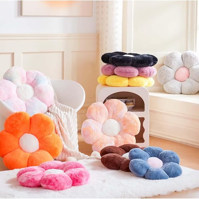 Royal Blue Flower Pillow, Cute Decorative Flower Shaped Throw Pillow with Faux Rabbit Fur, 19.6" Soft Flower Plush Throw Pillow Floor Pillows Room Décor for Bedroom Living Room-CubbioBaby