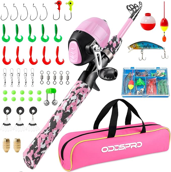 ODDSPRO Kids Fishing Pole Pink, Portable Telescopic Fishing Rod and Reel Combo Kit - with Spincast Fishing Reel Tackle Box for Girls, Youth-CubbioBaby
