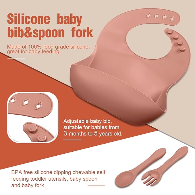 10 Pack Silicone Baby Feeding Set, Toddlers Led Weaning Feeding Supplies with Suction Baby Bowl Divided Plate Adjustable Bib Soft Silicone Spoon Fork, Infant Self Eating Utensil Set (Beige, Orange)-CubbioBaby