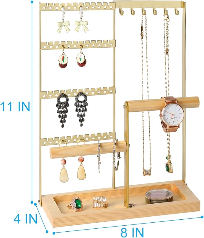 Jewelry Organizer Stand, Jewelry Holder, Lengnoy 4 Tier Earring Holder with 48 Holes and 6 Hooks Necklace Organizer Wood Box for Necklace Bracelet Earring Ring, Gold