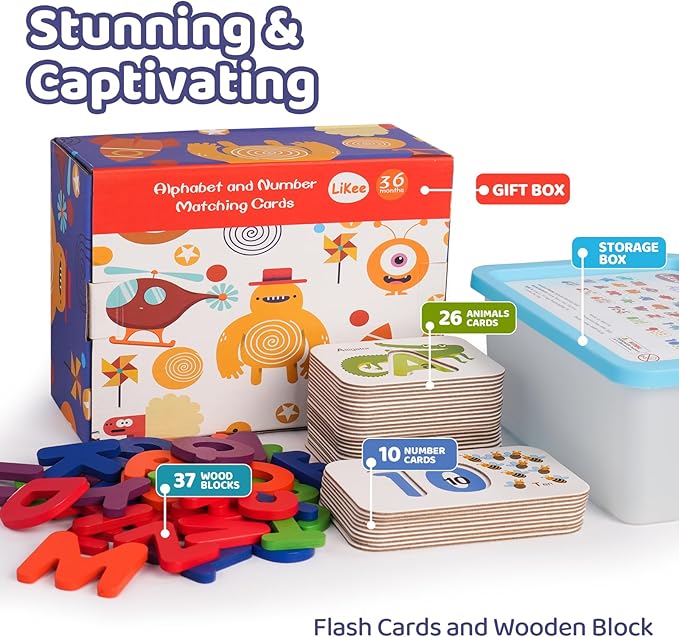LiKee Alphabet Flash Cards Wooden Letter Puzzle ABC Sight Words Matching Games Counting Board Preschool Educational Montessori Toys for Toddlers Boys Girls 3+ Years (36 Cards& 37 Wood Pieces)