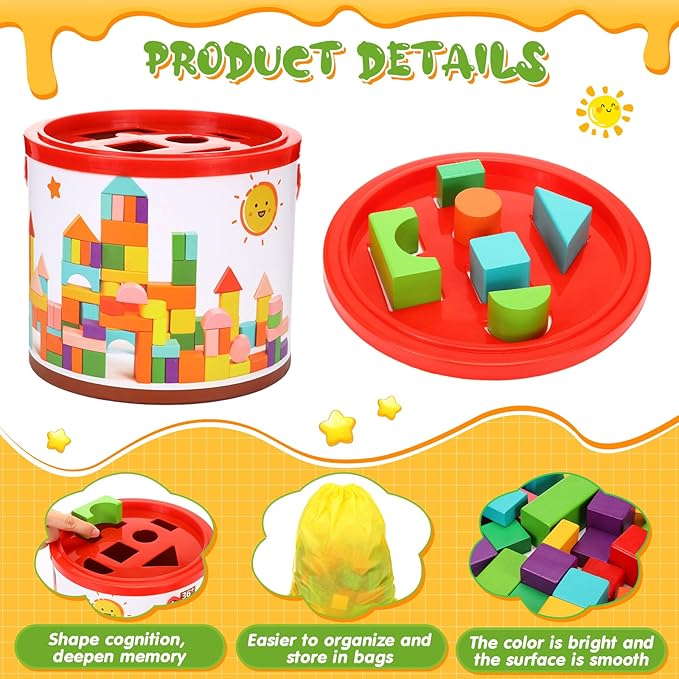 Libima 100 Pcs Wood Building Blocks for Toddlers 2-4 Years with Storage Container Wooden Building Blocks Wooden Building Set Wooden Building Set Preschool Block Learning Toys