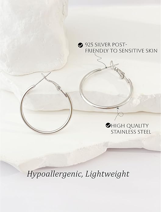 Hypoallergenic 18K Gold Plated Hoop Earrings for Women,Gold Surgical Steel Hoops Earrings, Big Large Thin Hoop Earring for Women, Classic Hoops Everyday Wear 30/40/50/60mm