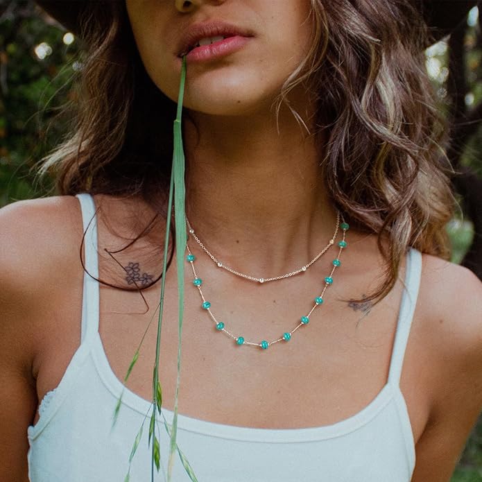 Created Turquoise Necklace for Women 14K Gold Plated Beaded Heart Choker Boho Necklaces Handmade Beach Summer Everyday Western Jewelry Gifts