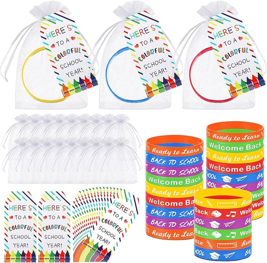 Liliful 24 Set School Rubber Bracelet Welcome Back to School Gift Set with Rubber Bracelet Organza Bags and Gift Label Tags First Day of School Classroom Gifts Goodie Bag Fillers (Light Color)