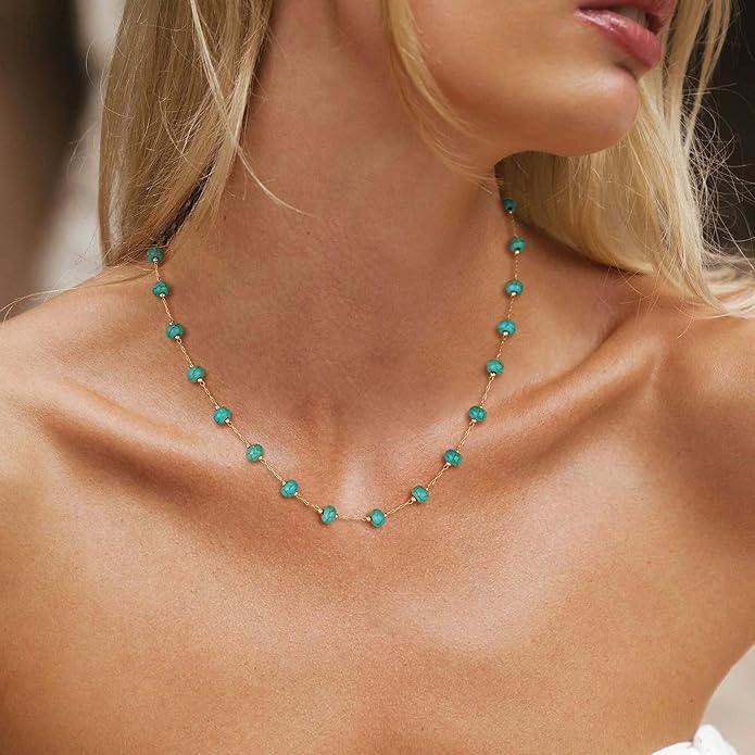 Created Turquoise Necklace for Women 14K Gold Plated Beaded Heart Choker Boho Necklaces Handmade Beach Summer Everyday Western Jewelry Gifts