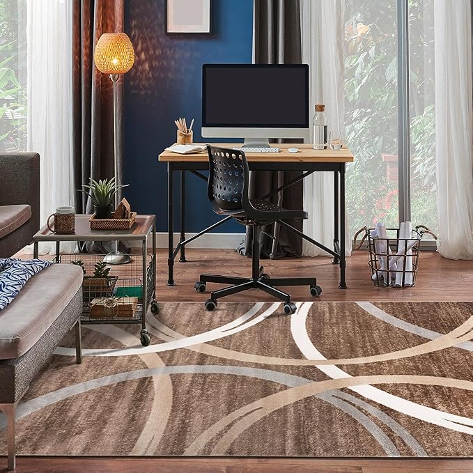 Rugshop Modern Wavy Circles Design Area Rug 5' 3" x 7' 3" Brown-CubbioBaby