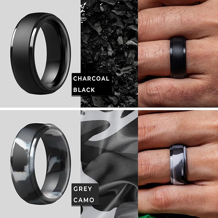 ThunderFit Silicone Rings for Men - 7 Rings / 4 Rings / 1 Ring Step Edge Rubber Wedding Bands 10mm Wide - 2.5mm Thick
