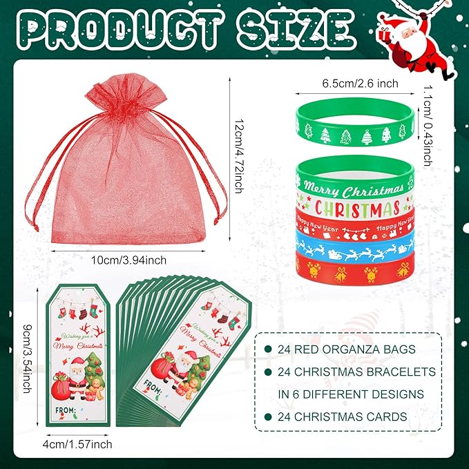 Liliful 72 Pcs 24 Set Christmas Students Gifts, Christmas Silicone Wristbands with Gift Label Tags and Organza Bags for Kids Christmas Stocking Stuffers Classroom Gifts Party Favors