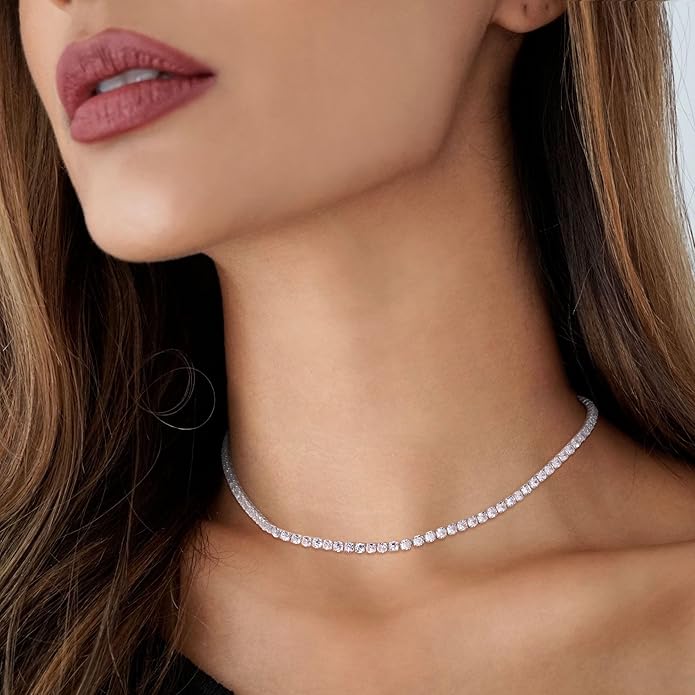 Tennis Necklace for Women, 14K Gold/Silver Plated Rhinestone Choker Necklace for Women, Dainty Cubic Zirconia Cut Faux Diamond Chain