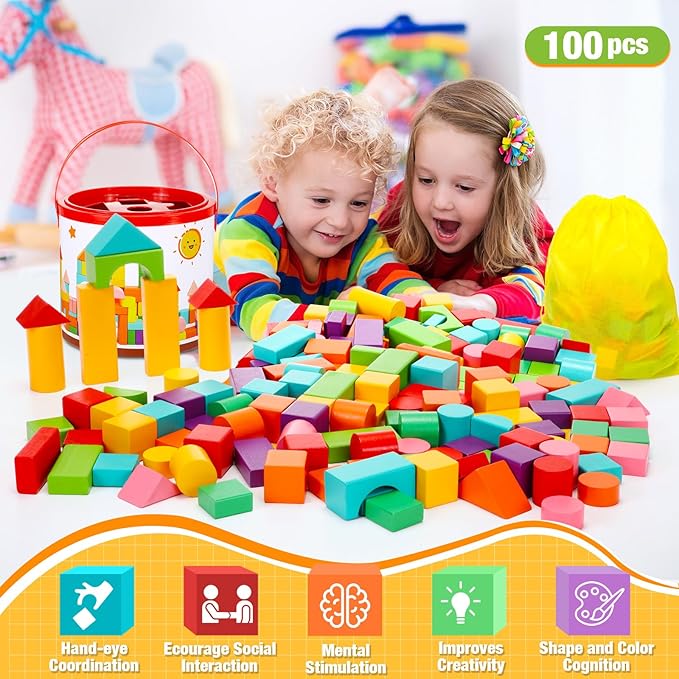 Libima 100 Pcs Wood Building Blocks for Toddlers 2-4 Years with Storage Container Wooden Building Blocks Wooden Building Set Wooden Building Set Preschool Block Learning Toys