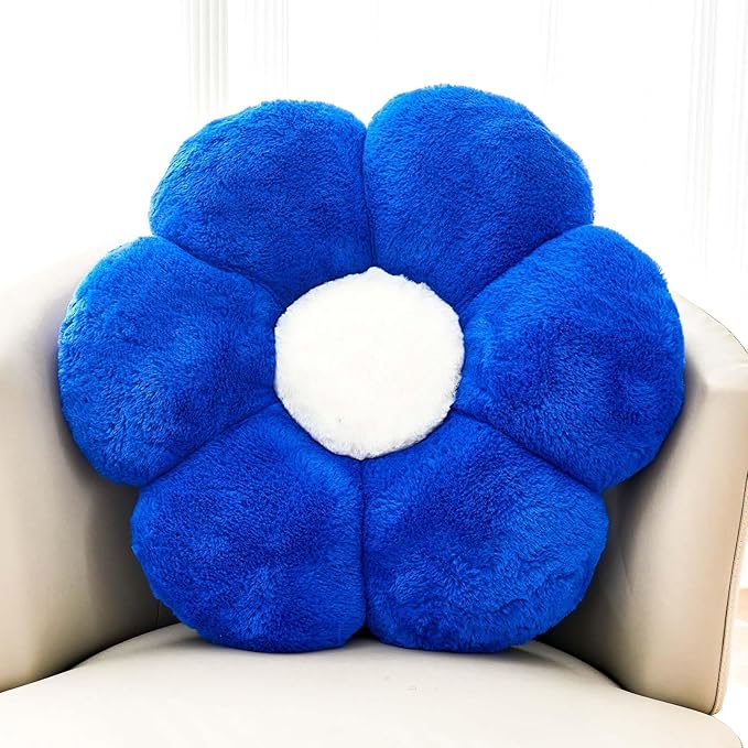 Royal Blue Flower Pillow, Cute Decorative Flower Shaped Throw Pillow with Faux Rabbit Fur, 19.6" Soft Flower Plush Throw Pillow Floor Pillows Room Décor for Bedroom Living Room-CubbioBaby
