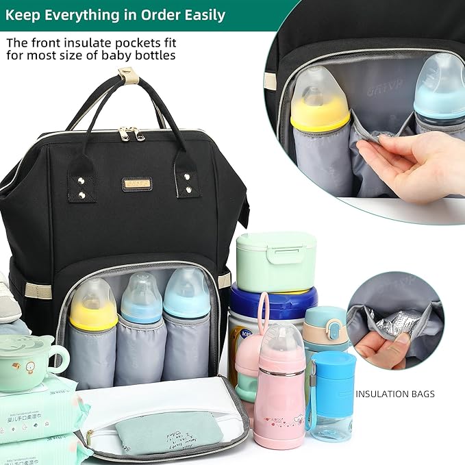 Diaper Bag Backpack, Diaper Bags for Baby Girls Boys, Baby Bags for Moms Dads, Nappy Changing Bag with Insulated Pockets,Multi-functional Waterproof Backpack with Stroller straps-Black-CubbioBaby