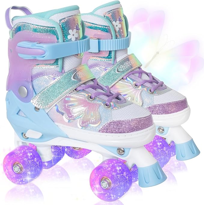 Nattork Kids Roller Skates for Girls Boys Kids, 4 Sizes Adjustable Quad Skates Butterfly and Flower with All Light up Wheels - Birthday Gift for Indoor Outdoor Sports-CubbioBaby