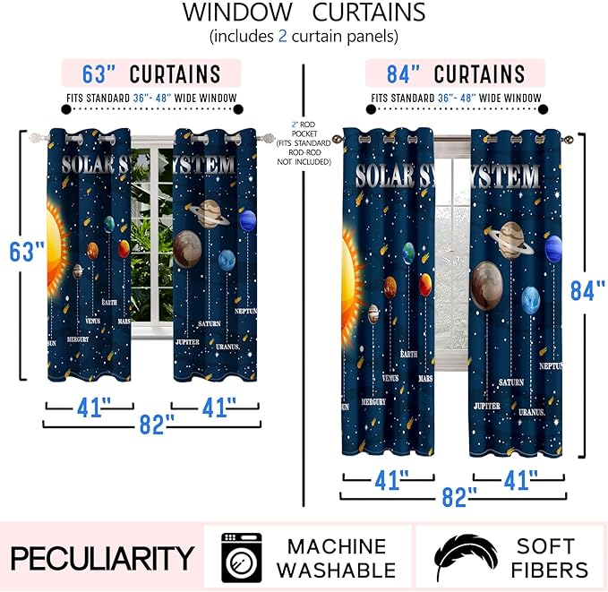 Solar System Curtain Panels - 2Pcs 95% Blackout Outer Space Curtains for Boys Bedroom Grommet Room Darkening Galaxy Planets Themed Curtains for Living Room, 82" x 84"-CubbioBaby