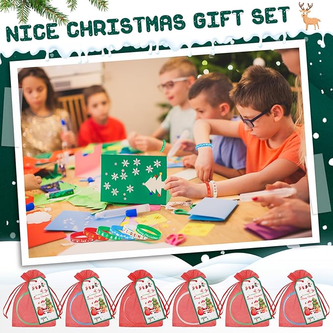 Liliful 72 Pcs 24 Set Christmas Students Gifts, Christmas Silicone Wristbands with Gift Label Tags and Organza Bags for Kids Christmas Stocking Stuffers Classroom Gifts Party Favors