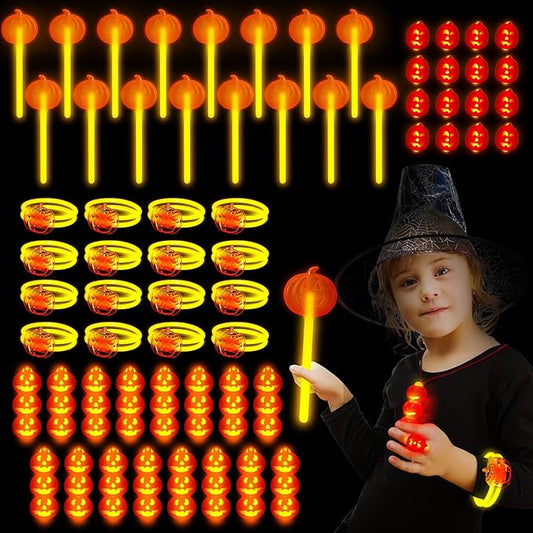 Lewtemi 32 Pcs Pumpkin Halloween Glow Sticks Set Include Bracelet Necklace Ring Wand Glow in the Dark Party Supplies Decorations Halloween Party Favors Goodie Bag Fillers Gifts for Kids Adults