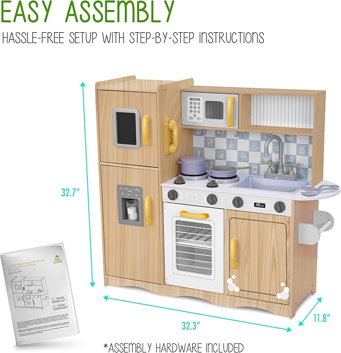 Lil' Jumbl Kids Kitchen Set, Pretend Wooden Play Kitchen with Chalk Board, Play Phone, Towel Rack & Ice Dispenser, Clicking Knobs, Pots & Utensils Included - Natural