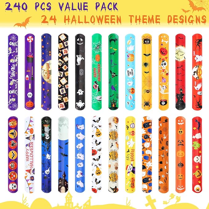 Liliful 240 Pcs Halloween Slap Bracelets Bulk for Kids Halloween Snap Bracelets Decor 24 Styles Halloween Wristbands Bags Filler Halloween Party Favor
