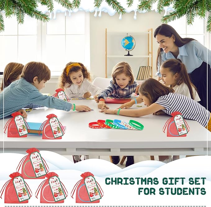 Liliful 72 Pcs 24 Set Christmas Students Gifts, Christmas Silicone Wristbands with Gift Label Tags and Organza Bags for Kids Christmas Stocking Stuffers Classroom Gifts Party Favors