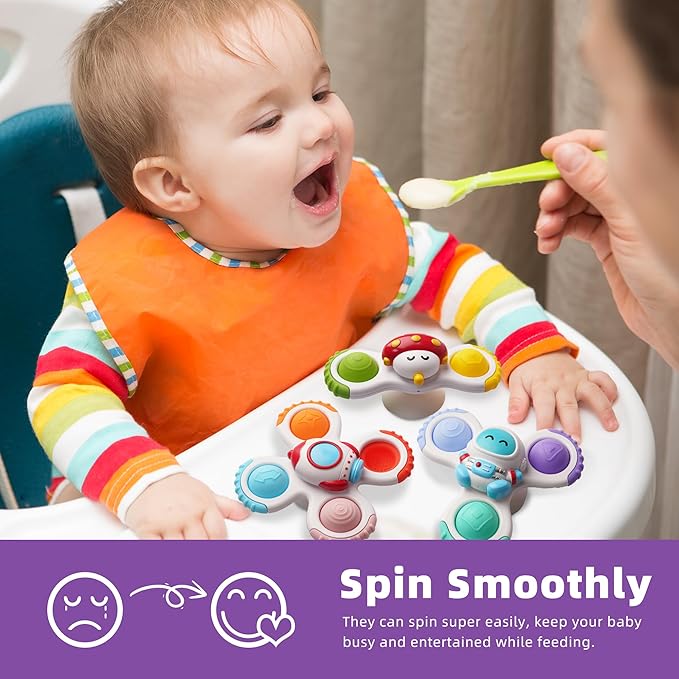 LiKee Strong Suction Cup Fidget Spinnerz Sensory Bath Toys for Baby 12 18 Months Airplane Car Travel Table & Window Toys for 1 2 Year Old Toddler Boys and Girls (Space-1)