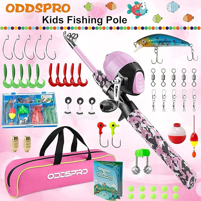 ODDSPRO Kids Fishing Pole Pink, Portable Telescopic Fishing Rod and Reel Combo Kit - with Spincast Fishing Reel Tackle Box for Girls, Youth-CubbioBaby