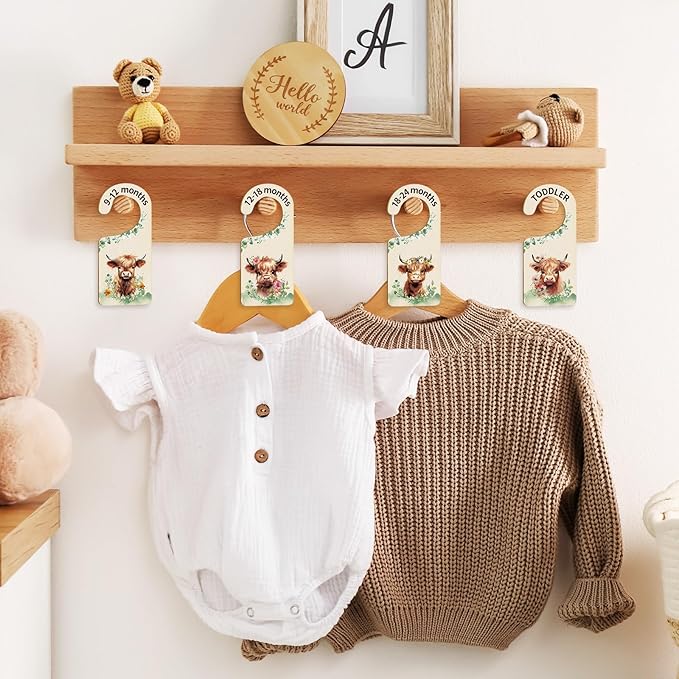 Whaline 8Pcs Baby Closet Size Dividers Watercolor Highland Cow Hanging Wood Baby Closet Organizer Newborn to 24 Months Thicken Baby Wardrobe Organizer-CubbioBaby