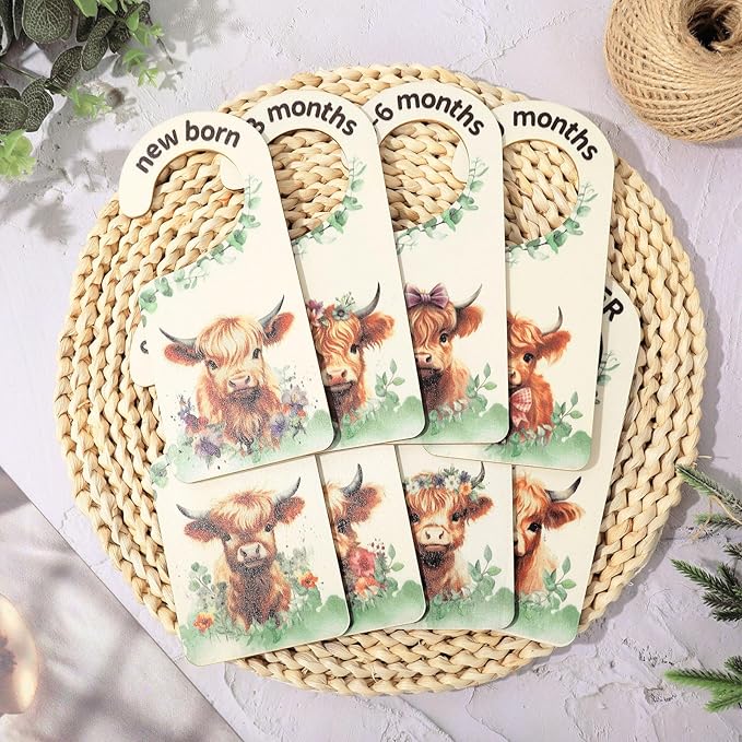 Whaline 8Pcs Baby Closet Size Dividers Watercolor Highland Cow Hanging Wood Baby Closet Organizer Newborn to 24 Months Thicken Baby Wardrobe Organizer-CubbioBaby