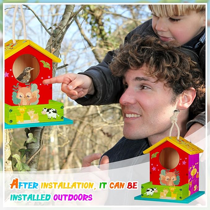 Liliful Wooden Birdhouse Kit DIY Bird House with Paint and Paintbrushes Art and Crafts Painting Kits for Boys Girls Adults Build Paint Classroom Birthday Indoor Outdoor Craft