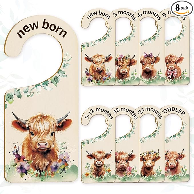 Whaline 8Pcs Baby Closet Size Dividers Watercolor Highland Cow Hanging Wood Baby Closet Organizer Newborn to 24 Months Thicken Baby Wardrobe Organizer-CubbioBaby