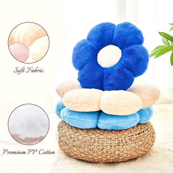 Royal Blue Flower Pillow, Cute Decorative Flower Shaped Throw Pillow with Faux Rabbit Fur, 19.6" Soft Flower Plush Throw Pillow Floor Pillows Room Décor for Bedroom Living Room-CubbioBaby