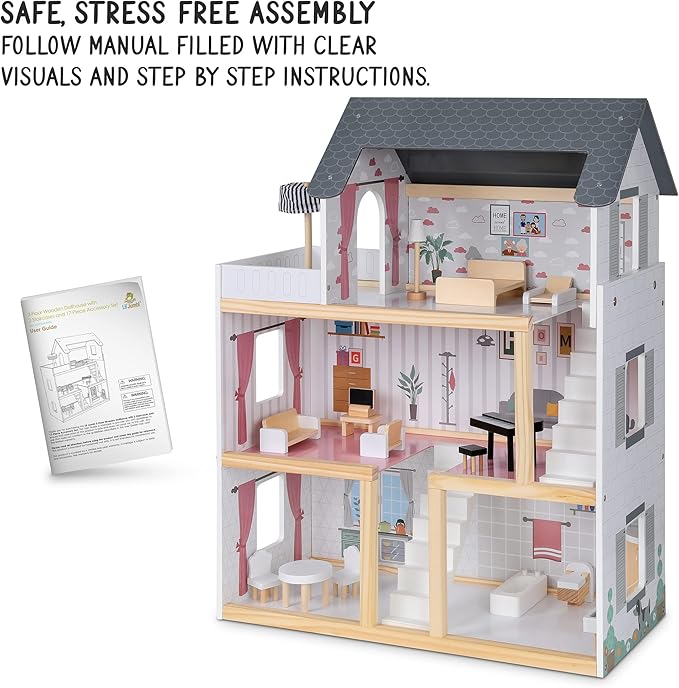 Lil' Jumbl Jumbl Kids Wooden Dollhouse, 17-Piece Accessories & Furniture are Included, with Balcony & Stairs, 3 Story Easy to Assemble Doll House Toy