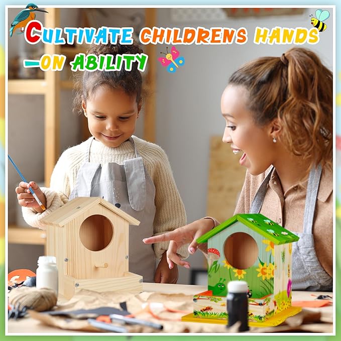 Liliful Wooden Birdhouse Kit DIY Bird House with Paint and Paintbrushes Art and Crafts Painting Kits for Boys Girls Adults Build Paint Classroom Birthday Indoor Outdoor Craft