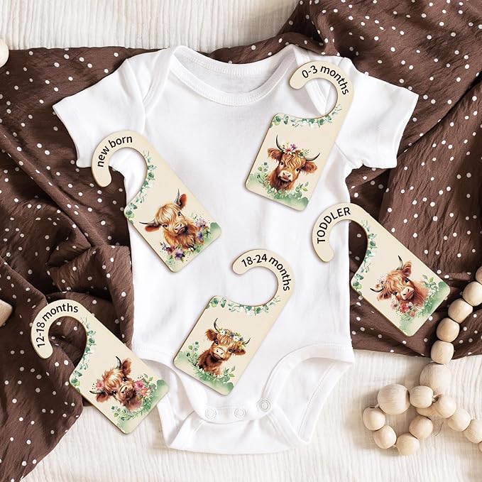 Whaline 8Pcs Baby Closet Size Dividers Watercolor Highland Cow Hanging Wood Baby Closet Organizer Newborn to 24 Months Thicken Baby Wardrobe Organizer-CubbioBaby