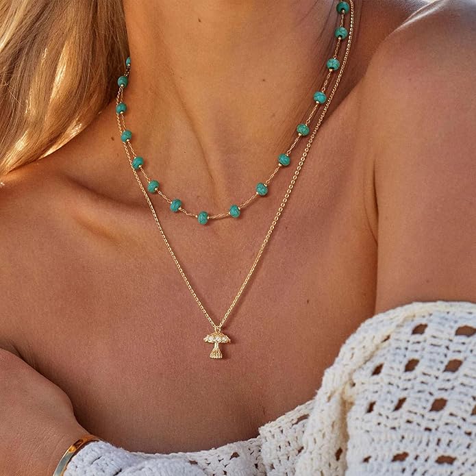 Created Turquoise Necklace for Women 14K Gold Plated Beaded Heart Choker Boho Necklaces Handmade Beach Summer Everyday Western Jewelry Gifts
